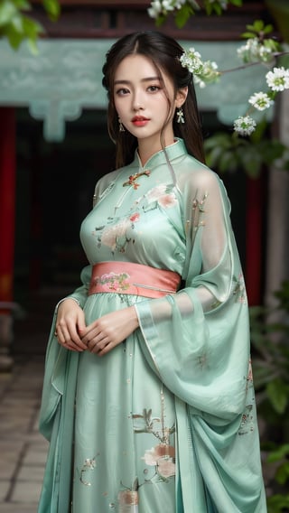 (photorealistic, best quality, ultra high res, extremely detailed eyes and face:1.3),(1girl, solo:1.3),skirt,jewelry,long_hair,necklace,earrings,perfect body,standing,looking at viewer,chinese clothes,china dress,hanfu,