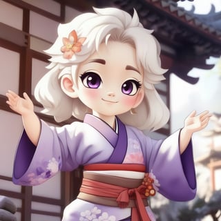 avatar cute, adorable blonde girl, a happy beautiful white-haired anime wolf girl wearing purple kimono, wavy hair, anime, beautiful face, portrait, soft lighting, blur, flare, detailed accessories, graceful pose, detailed face, detailed kimono, detailed Japanese building background, trending on pixiv, chibi,