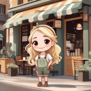 avatar cute, adorable blonde girl, wearing cute outfit standing outside coffee shop, full body, chibi,