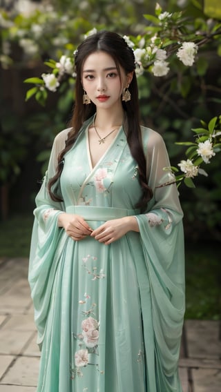 (photorealistic, best quality, ultra high res, extremely detailed eyes and face:1.3),(1girl, solo:1.3),skirt,jewelry,long_hair,necklace,earrings,perfect body,standing,looking at viewer,chinese clothes,china dress,hanfu,
