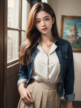 (masterpiece,best quality:1.5),ultra realistic,32k,RAW photo,(high detailed skin:1.2), 8k uhd, dslr, soft lighting, high quality, film grain,lots of details ,pleated skirt , button down shirt ,pretty lady , royal style, gold  accessories,, 1girl, anime