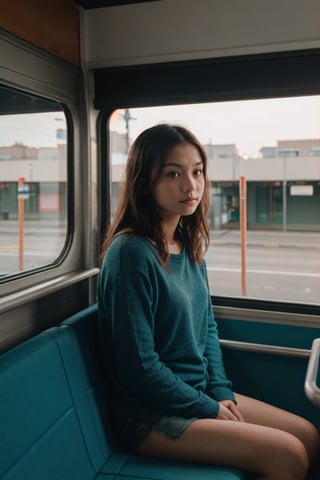 cute girl sitting on a bus, natural lighting from window, 35mm lens, soft and subtle lighting, girl centered in frame, shoot from eye level, incorporate cool and calming colors