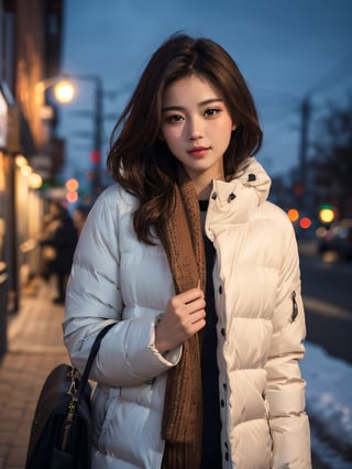 masterpiece, realistic, best quality, beauty girl in city, hloding bag, looking at viewer, winter clothes, cute, solo, brown hair, brown eyes, depth of field, night, realistic, porses,skin detail, acne, detail eyes, (masterpiece,best quality:1.5)