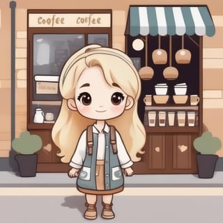 avatar cute, adorable blonde girl, wearing cute outfit standing outside coffee shop, full body, chibi,