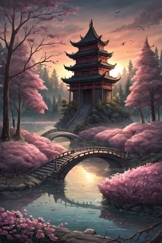 ink scenery, no humans, sunset, lake in the middle of the forest, big trees, blooming branches, pink flowers on the water, big temple with stairs, Chinese bridge over the pond, muted colors,  negative space,  chinese ink drawing