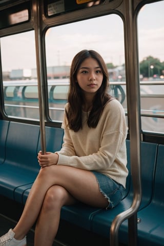 cute girl sitting on a bus, natural lighting from window, 35mm lens, soft and subtle lighting, girl centered in frame, shoot from eye level, incorporate cool and calming colors