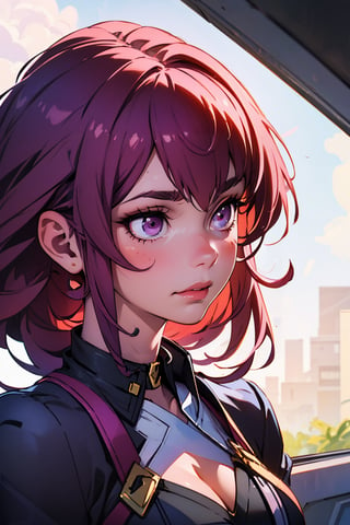 realistic,( photo-realistic), ultra hires, (masterpiece, top quality, best quality, official art, beautiful and aesthetic, raw photo:1.4),(high detailed skin:1.2), ultra realistic, 32k,1girl,  ,kafka, purple eyes, purple hair, half_rim_glasses, sunglasses, narrow waist, dynamic pose, dynamic angle,(school uniform:1.2), pov_eye_contact, cleavage cutout,honkai_(series)