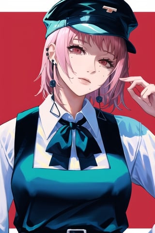 fami \(chainsaw man\), pink hair, red eyes, jewelry, earrings

Default Outfit: black hat, school uniform, pinafore dress, white shirt, neck ribbon