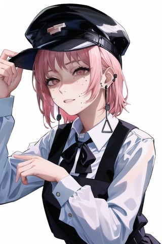 fami \(chainsaw man\), pink hair, red eyes, jewelry, earrings

Default Outfit: black hat, school uniform, pinafore dress, white shirt, neck ribbon

White background:1