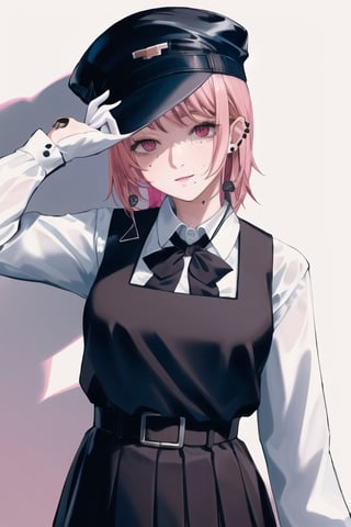 fami \(chainsaw man\), pink hair, red eyes, jewelry, earrings

Default Outfit: black hat, school uniform, pinafore dress, white shirt, neck ribbon