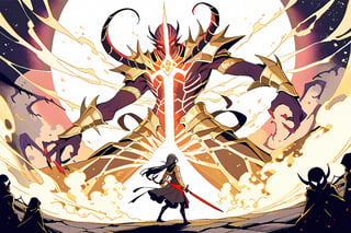 anime art style,
Golden Blight Demon: A blight demon with shimmering golden armor and tendrils of dark energy emanating from its twisted form. Fight Scenario: The Golden Blight Demon faces off against a legendary warrior wielding a holy sword, the clash of light and darkness echoing through a cursed battleground as the fate of the realm hangs in the balance.

subtle vibtrant colors, pyschadellic colors

,scary