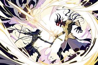 anime art style,
Golden Blight Demon: A blight demon with shimmering golden armor and tendrils of dark energy emanating from its twisted form. Fight Scenario: The Golden Blight Demon faces off against a legendary warrior wielding a holy sword, the clash of light and darkness echoing through a cursed battleground as the fate of the realm hangs in the balance.

subtle vibtrant colors, pyschadellic colors

,scary