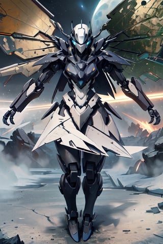 Mech solo, standing, full body, grey background, no humans, multiple robots in background, dragon armor mecha detailed with wings, clenched hands, science fiction, looking ahead, side facing hero stance, nighttime scene full_moon, ,stealthtech 