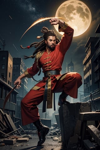 Portrait, perfect eyes, perfect mouth, African American man 30 plus, men, year old man, brown_skin, baldhead,  thick dreadlock hair head, standing hero crane stance, one leg bent, one leg straight crashing through the ground, pose standing tall,  perfect hands clinched with long dreadlocks hair style, slim build, muscular, dark brown_skin, different color kung fu uniforms, trimmed in gold, black and red shiny preying mantis kung-fu jacket, white frog buttons front of jacket and sleeves, thick neck muscles, perfect muscular arms showing circular motion, perfect hands forward, perfect wrists both hands, pointer fingers, fists both hands clinched holding two large battle axes,  muscular legs, right leg b straight, , ankle bending down towards ground, lightweight shoes, perfect eyes, perfect thick nose, perfect mouth, perfect muscular arms, electrical discharges around body, perfect relaxed look, electrical discharges through eyes, nighttime scene, explosions, destroyed buildings,  half_moon background,  cloud_scape,  looking_at_camera, full_body pose 