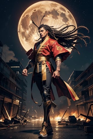 Portrait, perfect eyes, perfect mouth, African American man 30 plus man, brown_skin, long braided_hair, standing hero crane stance, one leg bent, one leg straight, with mecha detailed mechanical leg and foot standing tall,  perfect hands clinching metal battle staff, medium body build muscular, long braided hair, dark brown_skin, different color kung fu uniforms, trimmed in gold, black and red shiny preying mantis kung-fu jacket, white frog buttons front of jacket and sleeves, thick neck muscles, perfect arms showing definition perfect hands, perfect wrists both hands, fists both hands clinched holding two large swords,  muscular legs, right leg straight,  left leg straight, lightweight shoes, perfect eyes, perfect thick nose, perfect mouth, perfect muscular arms, electrical discharges around body, perfect relaxed look, electrical discharges through eyes, nighttime scene, explosions, destroyed buildings,  half_moon background,  cloud_scape,  looking_away from_viewer, full_body portrait 
