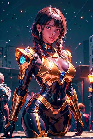 High Detailed beautiful mecha warrior dark_skinned_female glossy skin African mecha warrior with short braided hair, perfect beautiful shiny huge_breasts, sweaty, glossy, beautiful cleavage, mecha uniform looking at viewer, perfect hard_nipples, perfect eyes, perfect mouth, perfect hands, Photographic realism, dark street detailed battleground background, Streaming neon lights, led lights, multiple female detailed beautiful facial features, model soldiers in mecha armor 
 on a elevated building roof crowded, standing in dark background with  a giant Gundam in background, nighttime scene ,YAMATO