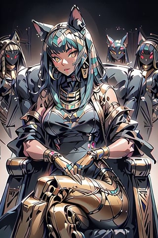 a Female car Transformers (egypt robot), Autobots, the focus is on it's shining and reflection , looking at camera, in the style of realistic and hyper-detailed renderings, full realistic, full_body pose, sitting with crossed legs on throne, figures ,egyptian_mythology with large mechanical egyptian feline 