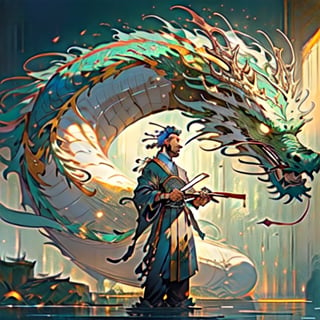 Black man foreground standing in a emerald green Chinese Martial Arts uniform, trimmed on gold and silver.  Chinese dragon made entirely of platinum, shimmering and glowing, intricate platinum texture, majestic and elegant, radiant silver hues, sparkling with light, (masterpiece: 2), best quality, ultra highres, original, extremely detailed, perfect lighting, fantasy theme, regal aura,long