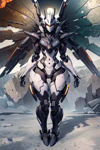 Mech solo, standing, full body, grey background, no humans, multiple robots in background, dragon armor mecha detailed with wings, clenched hands, science fiction, looking ahead hero stance, nighttime scene full_moon, ,stealthtech 
