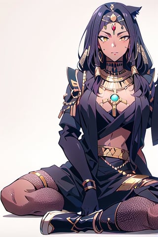Egyptian goddess of Cats, beautiful detailed face, gold cat crown, gold jeweled scepter, full-body-shot, heroic pose, long shiny hair, dark_skinned_female, sitting on gold satin pillows, ancient_egyptian pyramid in background 