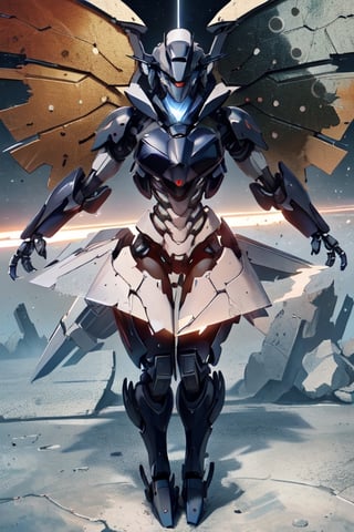 Mech solo, standing, full body, grey background, no humans, multiple robots in background, dragon armor mecha detailed with wings, clenched hands, science fiction, looking ahead, side facing hero stance, nighttime scene full_moon, stealthtech 
