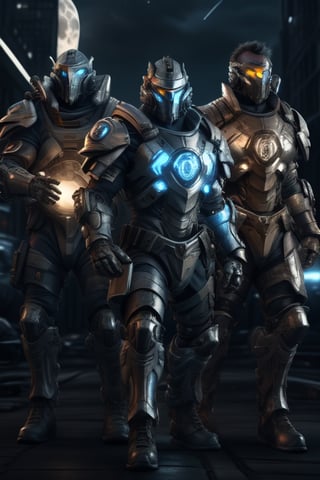 Three Black men, thick, muscular_bodys, centered, varied in height and weight, wearing dark blue futuristic armored battle uniforms with white trim, each wearing battle utility belts, mechanical warriors, two taller warriors, bearded, are carrying high technology large caliber weapons, the shorter black male in the center is wearing high technology combat glasses, trimmed dark_beard. In the combat background is a full moon with light clouds, explosions behind the three men, nighttime scene ,mech4rmor