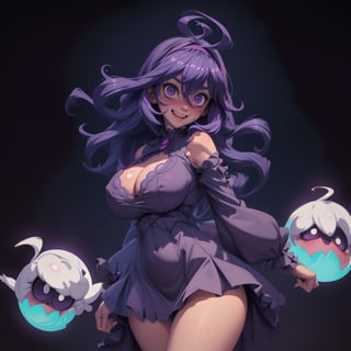anime, occult, long hair, ahoge, hairband, @ @, 1girl, goth girl, white hairband, open dress, messy hair, smile, huge breasts, hard_nipples, 
cleavage cutout , wide hips, thick thighs, revealing clothing, skindentation, hair between eyes, looking at viewer, solo, bangs, dark purple hair, alternate breast size, open mouth, purple eyes, naked_sleeves, occult, mania girl, cowboy shot, simple dark background, glowing ghost eyes in background, arms behind body, (masterpiece:1.4), (best quality:1.4), ((blushing)), heavy breathing, full_body 
