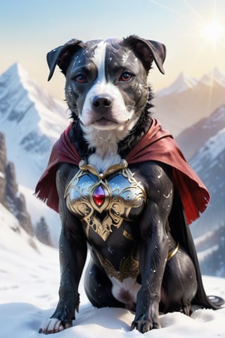 Cute black medium shaped pit bull female  terrier mix, with black hair small head, and black body, white streak of hair from under her head to the abdomen, big cute perfect brown eye, detailed background with a beautifully decorated mountain background, she is wearing a super female mecha  costume with swirling gold trimmed red  cape, bright sunshine, with a bright halo  standing on top of snow capped mountain. Snow flakes falling. ,Energy light particle mecha