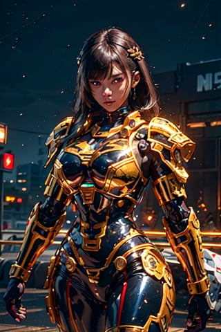 High Detailed beautiful mecha warrior dark_skinned_female glossy skin African mecha warrior with short braided hair, perfect beautiful shiny huge_breasts, sweaty, glossy, beautiful cleavage, mecha uniform looking at viewer, perfect hard_nipples, perfect eyes, perfect mouth, perfect hands, Photographic realism, dark street detailed battleground background, Streaming neon lights, led lights, multiple female detailed beautiful facial features, model soldiers in mecha armor 
 on a elevated building roof crowded, standing in dark background with  a giant Gundam in background, nighttime scene ,YAMATO