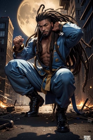 Portrait, African American man 30 plus, men, yearr old men, very long_hair,  thick dreadlock hair head, standing hero pose standing tall, all fists clinched,  perfect hands clinched in fists with long dreadlocks hair style, slim build, muscular, dark brown_skin, comic book character, different color kung fu uniforms, trimmed in gold, black and blue shiny preying mantis kung-fu jacket, white frog buttons front of jacket and sleeves, thick neck muscles, perfect muscular arms showing circular motion, perfect hands forward, perfect wrists both hands, pointer fingers, fists both hands clinched and around head, muscular legs, bent knee karate stance,  right leg bending forward,  ankle bending, foot on toe, lightweight shoes, perfect eyes, perfect thick nose, perfect mouth, perfect muscular arms, electrical discharges around body, perfect relaxed look, electrical discharges through eyes, nighttime scene, explosions, destroyed buildings,  half_moon background,  cloud_scape,  looking_at_camera, full_body pose 