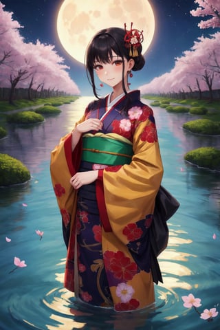 (masterpece:1.3),(best quality:1.3),stunningly beautiful girl,breathtaking,intricate details,absurdres,highres,ultra detailed,highest quality,amazing details,looking at viewer, water, moon, partially submerged, cherry blossoms, bad weather, 1girl,solo, standing, cowboy shot, kimono, east asian architecture, black hair, closed mouth,
,Kitagawa marin 