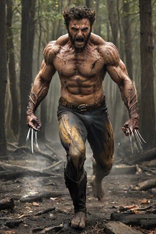 an attention-grabbing image of Wolverine's regenerative powers in action, full body shot, extremely damaged Logan coming at the viewer, risen from the ashes, his wounds healing, dynamic and almost surreal style, showing extraordinary nature of his abilities, (((detailed claws) ))