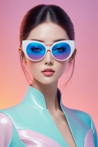 pastel colored paper art illustration, forward facing fashion portrait of beautiful woman wearin futuristic sunglasses by Zhang Jingna with amazing background, ultra sharp, detailed, 8k, anime, artistic, rgb, platinum
