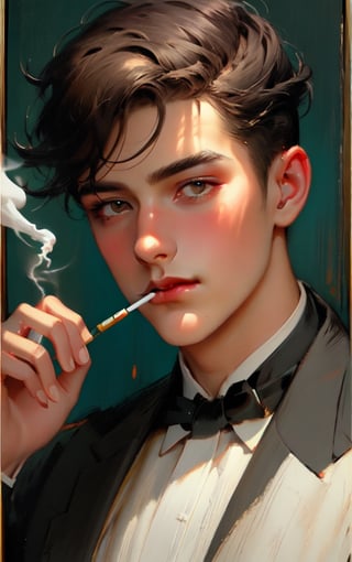 masterpiece, best quality, character, oil painting style, classy boy smoking, 1940s style, prep boy, charming young man, hot, model,