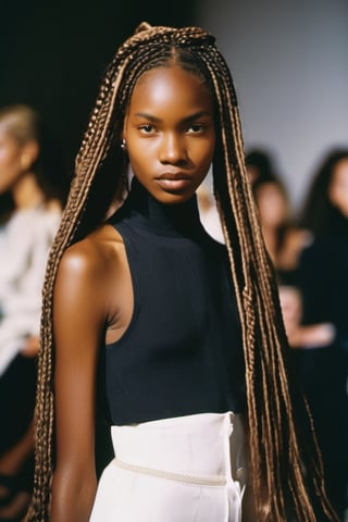 portrait photo of a 21-year-old black high-fashion model, with a slender face, with long braids,  Kodak ultra max cinematic photo, New York Fashion week