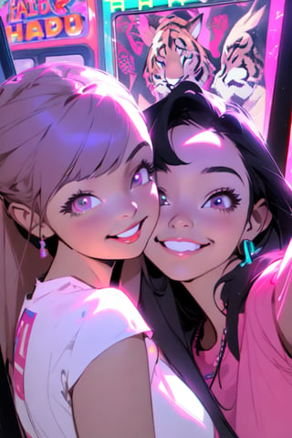 masterpiece, best quality, mid-length,8k quality, extremely detailed, realistic, animated, two girls, best friends, taking a selfie in an arcade, two 16 year old girls, youthful, happy expressions, neon lights, wearing trendy clothes