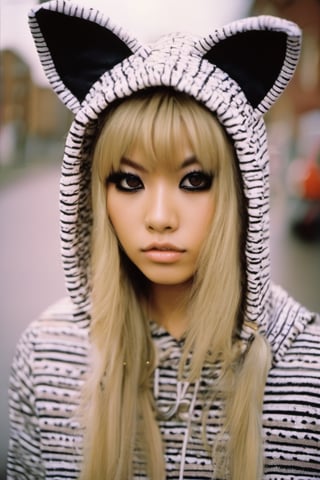 photo of an 18-year-old Gyaru-Gal mixed Japanese and German model, wearing an emo cat-ears hoodied skull mini dress, big eyes with long lashes, dynamic pose, shot on Kodak Ektar 100, soft lense, mid-full length