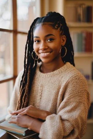 portrait photo of a beautiful 18-year-old black college woman, with beautiful  light brown long dread-locs in a ponytail, fuzzy hand-knit sweater, holding school books, smirk, circle lenses, Kodak ultra max cinematic photo, soft lense