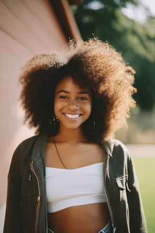 portrait photo of a beautiful 21-year-old black woman, with a beautiful 3C curly afro, cute smile, Kodak ultra max cinematic photo, soft lense