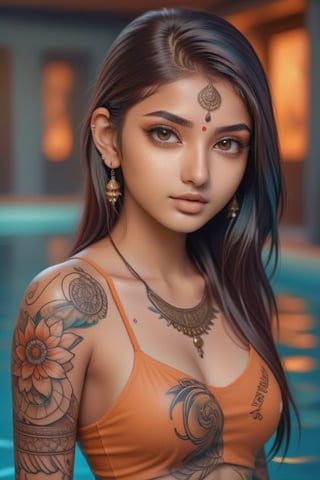 full body potrait of a beautiful Indian girl, 17 year old, tattoo girl in the pool, in the style of high dynamic range, kawaii art, light orange and light bronze, animated illustrations, daz3d, exotic realism, tattoo-inspired, vibrant manga, close-up intensity, japanese-inspired 