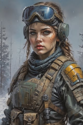 detailed full-length picture, masterpiece, best quality, ultra high resolution, visually stunning, beautiful, award-winning art (abstract art: 1.3), beautiful ))), oil painting Portret of a  cyberpunk butifful female Mercenary - field scout-killer in war winter cyberpunk outfit. , detailed face, whole body, Watercolor, trending on artstation, sharp focus, studio photo, intricate details, highly detailed, by greg rutkowski, more detail XL, hyper detailed, realistic, oil painting, by julie bell, frank frazetta, cinematic lighting,stalker