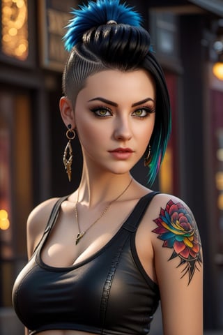 A beautiful young girl, black mohawk hairstyle, gothic, black t-shirt, scorpion tattoo, avatar earrings, huge breasts,


colorful, ultra highly detailed, 32 k, mix4, best quality, ultra high res, (photorealistic:1.4), masterpiece, best quality, photography, 8K, highres, bokeh, depth of field, detailed shadows

,p3rfect boobs,3d style,LinkGirl
