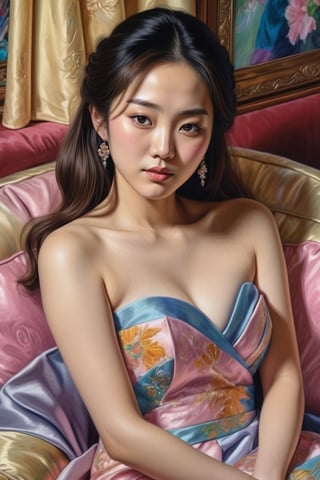 Pastel drawing of a Korean woman. She is sitting on a sofa in an evening dress. Masterpiece. Highly detailed. Cluttered maximalism. Close-up shot. High angle. art_booster. 