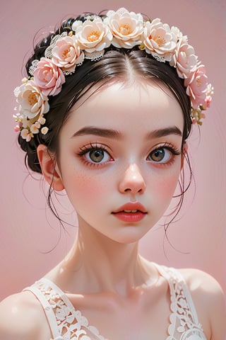 Oil painting of a beautiful 18 year old girl with pale skin, upper body, face on, wearing white lace bra and panties, full_body, huge round eyes, super small nose and mouth, pale pink lips, extra long straight black hair in loose messy bun, soft color, dreamlike, surrealism, plain graduated pale background, intricate details, 3D rendering, octane rendering. Art in pop surrealism lowbrow creepy cute style. Inspired by Ray Caesar. Vintage art, ((art deco background)), opaque colors, light grain, indirect lighting.