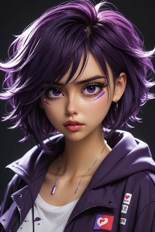 heartbroken, model female technological organism, in oversized garments, with messy bob, makeup smeared with tears, anime manga style, dark purple colors.