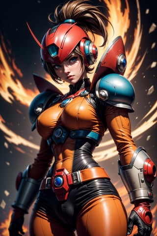 This is burn rooster mixed douglas from the video game saga megaman x8, mega cannon buster arms, ultimate imperial armor, sharp focus, 16k,best quality,hdr,masterpiece,More Detail, girl,megaman, rmspdvrs