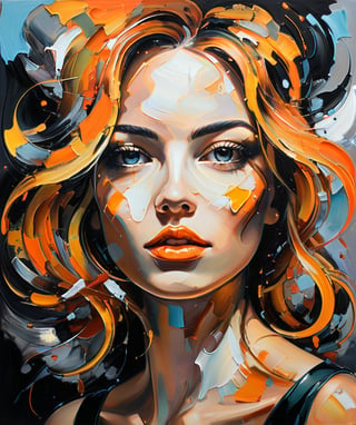 A bright colorful painting, This is an abstract image of a female portrait, expressionist style, which shows blurred and brushstroke areas of black, orange and white. The painting has dynamics, as if the artist’s brush was moving with energy, creating the impression of movement. The orange color is dominant and contrasts with the black and white areas. The acrylic brush is clearly visible in the image. the picture is painted in oil., a sky with clouds illuminated by the setting sun, in the style of James R. Eads, acrylic, splashes of paint, colorful, fantastic, realistic surrealism, neo-Romanticism, complex details, high detail, octane, 8K