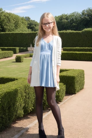 This is a full body professional photo, a 10 years old white girl, wearing glasses, high quality highly detailed beautiful cute face, smiling, with long blonde hair, wearing a sky blue dress and white pantyhose and a white cardigan and black shoes, on the garden of a french palace on a sunny day, a party in the background, from front, dutch angle 