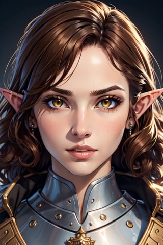 1woman, (masterpiece), (high resolution), (8K), (extremely detailed), (4k), (CG), (perfect face), (nice eyes and face), (best quality), (super detailed), (detailed face and eyes), (solo), high_fantasy, knight, cleric, brown_skin, yellow eyes, elf, armor, coily hair, curly hair, brown hair