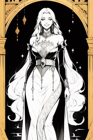 (best quality), (masterpiece), detailed, 1girl, long dress, long hair, jewelry, looking at viewer, palace scenery, golden eyes, tarot art, smirk, monochrome, sketch, greyscale, fantasy